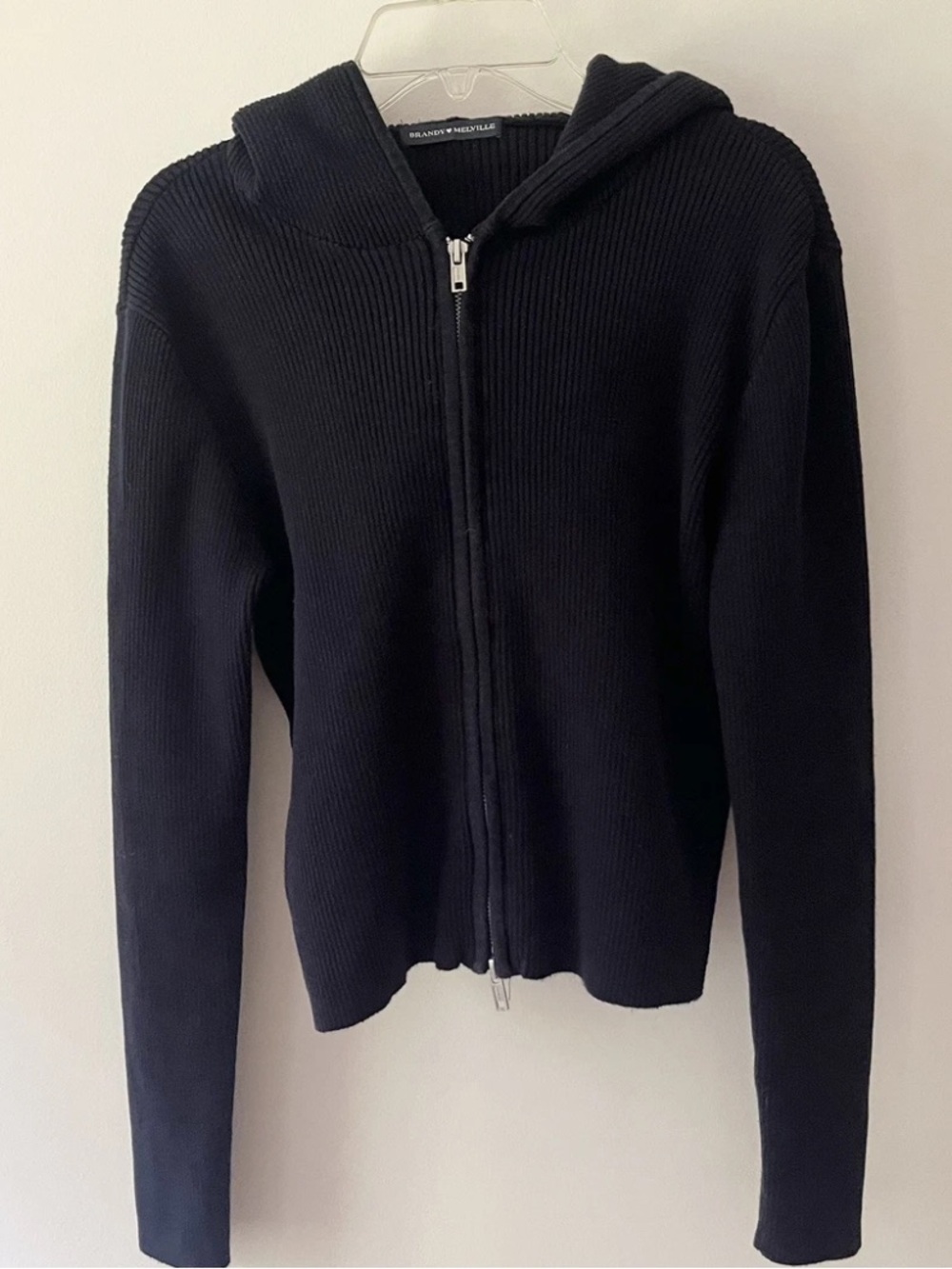 Brandy Melville Ribbed Zip Hoodie Crop Top - Women Top Shirt Black